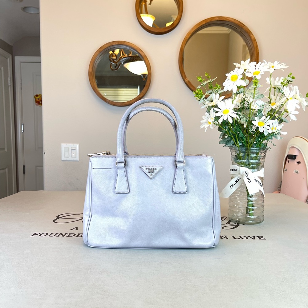 Prada Small light blue Leather Lux Saffiano Satchel Handbag